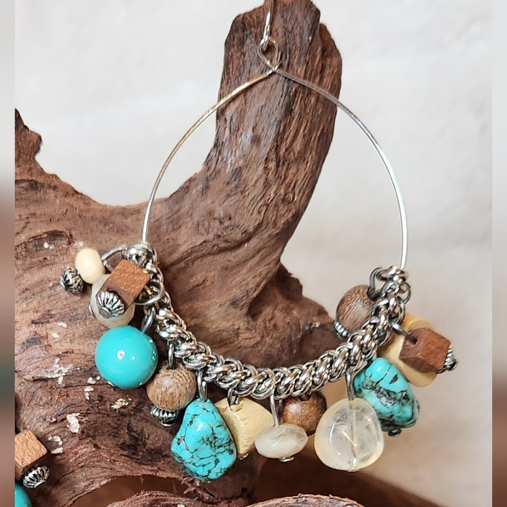 Silver and Turquoise Beaded Hoop Earrings By M. Haskell - Picture 2 of 10